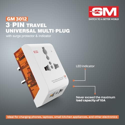 GM 3012 3-Pin Universal Multi Plug Fast Charging Travel Adapter | All-in-1 Worldwide Travel Adapter | Surge Protector | LED Indicator | Compact Design | Supports 150+ Countries | Safety Shutter 3