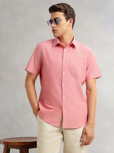 Thomas Scott Men's Premium Slim Fit Casual Shirt | Cotton Linen Blend | Short Sleeves | Spread Collar | Solid Pattern (TS1351_Red_M) 5