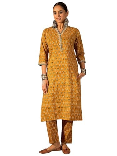 INDO ERA Women's Pure Cotton Ethnic Motifs Pritned Straight Calf Length Kurta & Pant Set (Mustard_IESTR10785_XX-Large)