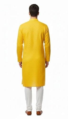 INDIA SILK PWCS LTD Men's Cotton Blend Embroidery Stitch Kurta with White Pajama Set - Traditional Indian Ethnic Wear Color and Size Variation 42 Yellow 2
