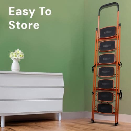 BonKaso Climb Steady Premium Alloy Steel Heavy Duty Multipurpose Foldable 7 Step Ladder with Connecting Frame & Belt Support, Load Capacity Upto 120kg | for Home and Outdoor - (Orange) 5