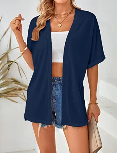 MEROKEETY Women's 2026 Summer Lightweight Kimono Cardigan Short Sleeve Open Front Casual Loose Trendy Beach Cover Ups, Navy, Medium 3