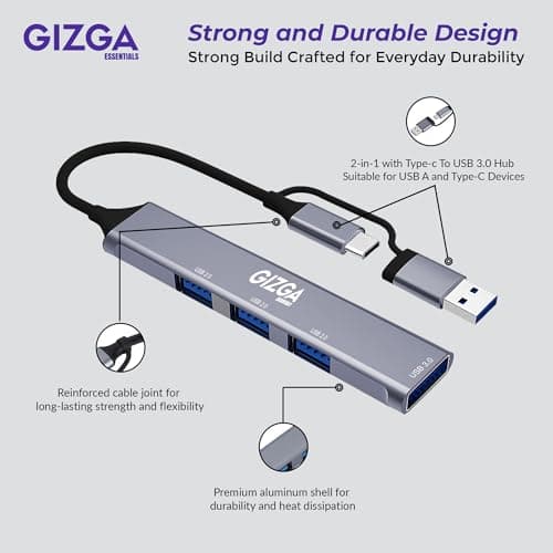 Gizga Essentials 4-in-1 USB C & USB A HUB with USB 3.0 5Gbps High-Speed Port & Dual USB 2.0, Multiport USB Adapter with Smart Chip, Plug & Play, Aluminum Build| Universal for Laptop MacBook Tablet 5