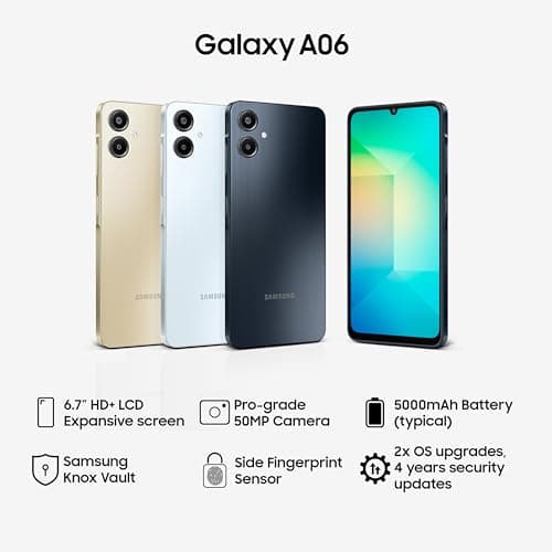 Samsung Galaxy A06 (Black, 4GB RAM, 64GB Storage)| 50 MP Main Camera| Upto 8GB RAM with RAM Plus| MediaTek Helio G85| 5000 mAh Battery Knox Vault: Security & Privacy| Fingerprint Sensor 2