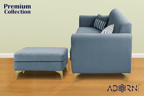 Adorn India Premium Luster 4 Seater L Shape Sofa Set | Velvet Suede Fabric | 3-Year Warranty | Color Grey with Golden Legs & Striped Pattern Cushion 4