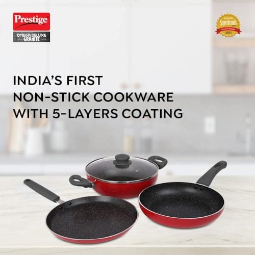 Prestige Omega Granite Non-Stick 3 Pc Cookware Set with Glass Lid | 5-Layer Coating | Gas & Induction Compatible | Omni Tawa 25cm | Fry Pan 24cm | Kadai 24cm | Crimson Red |2Y Warranty |ISI Certified 2