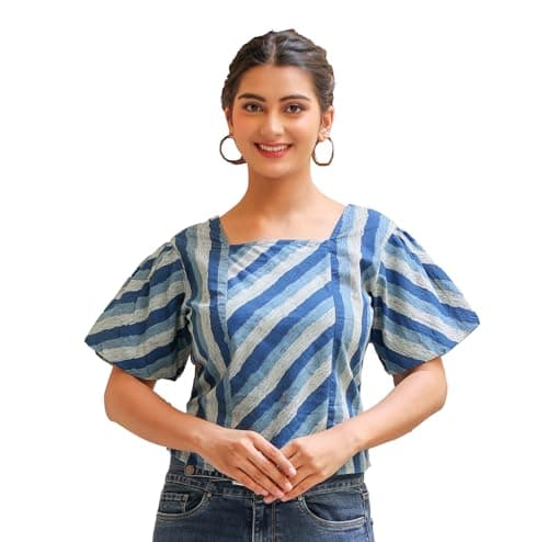 Yash Gallery Women’s Blue Cotton Ikat Printed Puff Sleeve Square Neck Casual Top | Stylish Summer Wear Cotton Blouse for Jeans | Ethnic Western Fusion Wear Top