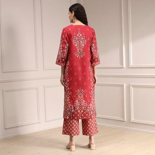 Biba Women Red Cotton Straight Printed Kurta Set_36 6