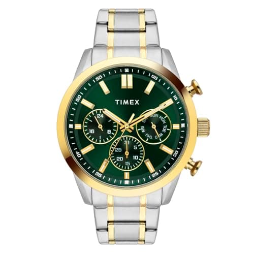 TIMEX Analog Watch for Man with Green Round Dial & Two Tone Stainless Steel Bracelet Band Water Resistant Men's Wrist Watches - TWEG17615