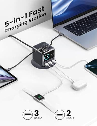WISTAR 5-in-1 USB C Charging Station, 140W Ultra-Fast 5-Port Desktop Charger with Dual Retractable 100W USB-C Cables (2.6ft), 1.54” Smart LCD Power Display for MacBook, iPhone, Home & Office 2