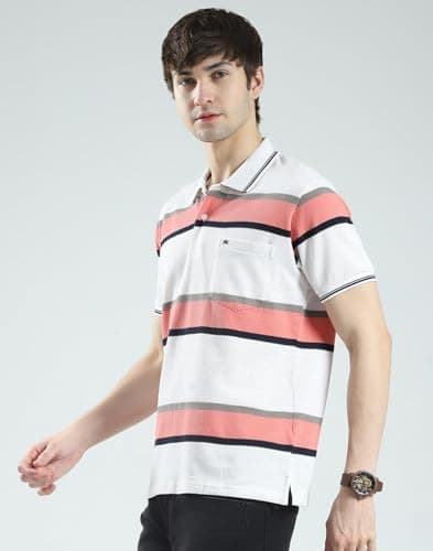 Monte Carlo Men's Regular Fit Striped Polo T-Shirt | Half Sleeve | Collared Neck | Casual Wear T Shirt for Men's Off White L (Pack of-1) 2