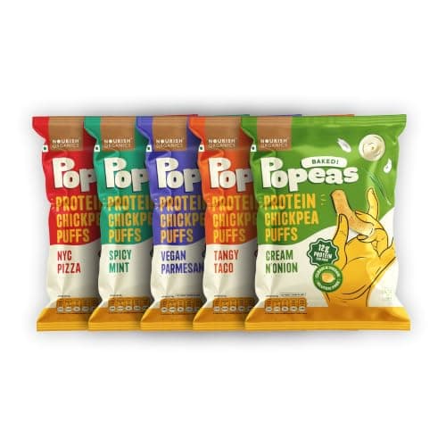 Nourish Organics Variety Chickpea Snack Pack – Baked Protein Puffs Popeas with 12g Protein | Made with Clean Ingredients | Vegan & Gluten-Free | Pack of 5 | Flavors: Spicy Mint, Tangy Taco, NYC Pizza,