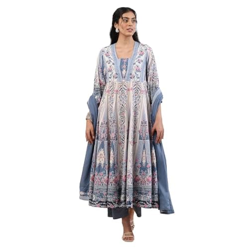 Biba Women Blue Cotton Anarkali Suit Set_36