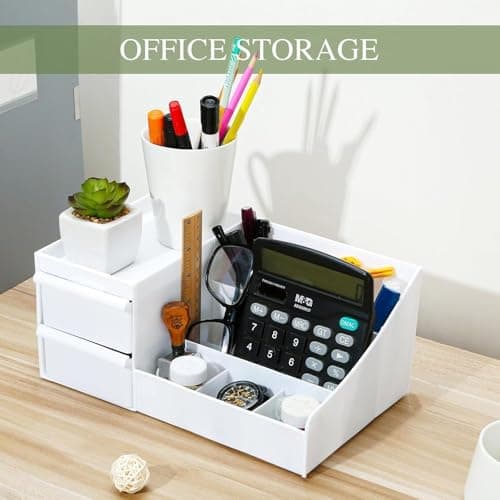 UCRAVO Office Desk Organizer Box with Drawer, 8-Compartment Desktop Storage Rack for Pen, Stationery, Paper, Files & Accessories, Multi-Functional Office Supplies Holder for Home & Work 4