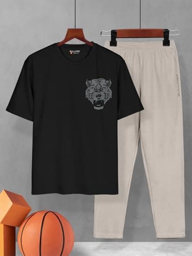 BULLMER Trendy Clothing Set with Oversized T-Shirt & Pants Co-ords for Men/Black:Beige/Large 2