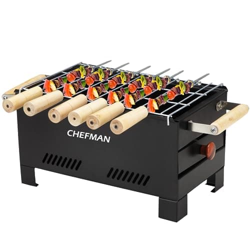 Chefman Charcoal Barbeque | Grill Barbeque | Grill Set for Home | Foldable Charcoal Tandoor | Outdoor BBQ | Grill Chicken Maker | with 6 Skewers with Gloves | Black