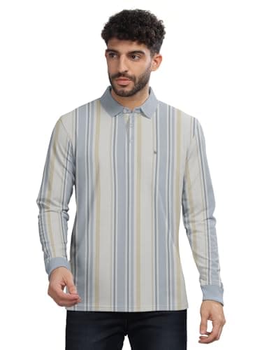 BULLMER Striped Textured Printed Polo Neck Fullsleeve T-Shirt with Rib for Men_Blue_Small