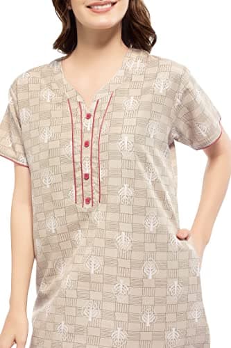 ZEYO Women Polyester Maxi Beige Leaf Printed Nighty Night Gown 5684, Medium 2