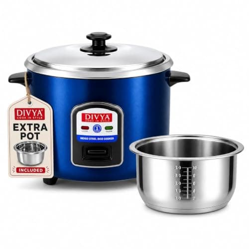 Divya Stainless Steel 1.8L Electric Rice Cooker with Extra Pot | Indigo Steel Body Electric Rice Cooker with Steaming Feature (Double Steel Pot)