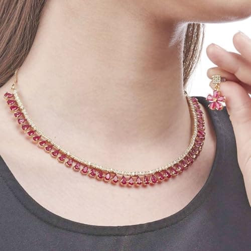 ZENEME Gold Plated American Diamond Necklace with Earrings Jewellery for Women & Girls (Pink) 2