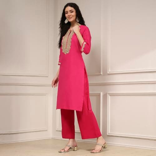 Biba Women Fuchsia Cotton Straight Solid Kurta_34 3