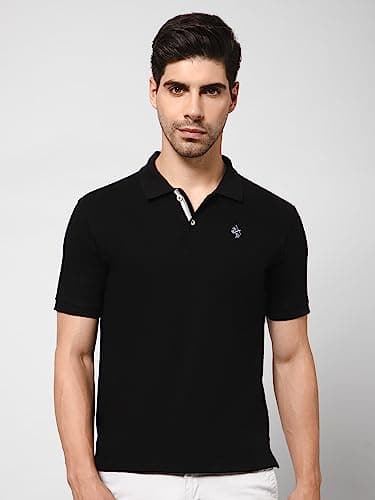 Cantabil Men's Cotton Blend Solid Polo Neck T-Shirt (Regular Fit) Black 2