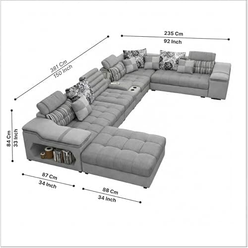Avion COMFORA U Shape 12 Seater Sofa Set for Living Room (Grey) | Interchangeable U-Shaped Sectional Sofa Set with Cup Holder with 4 Puffy for Living Room & Office 2