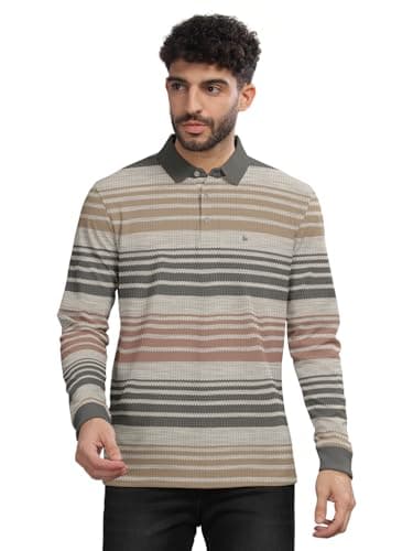 BULLMER Striped Textured Printed Polo Neck Fullsleeve T-Shirt with Rib for Men_Beige4_Large