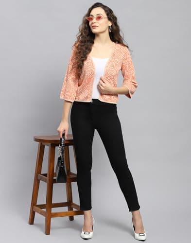 Monte Carlo Womens Orange Printed V Neck 3/4th Sleeve Front Open Shrug (224065320FO-1-42) 5