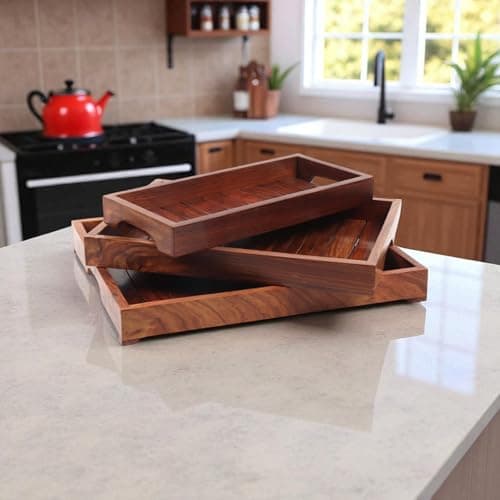 Creation India Craft Sheesham Wood Serving Trays for Dining Table Rectangle Shape Tray for Breakfast Coffee Serving Tray Set of 3 Simple and Looking for Home Decoration 2