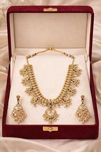 Visaga Aura Traditional Gold Plated Guttapusalu Necklace Set with Matching Earrings for Women | South Indian Bridal Style Imitation Jewellery Set 2