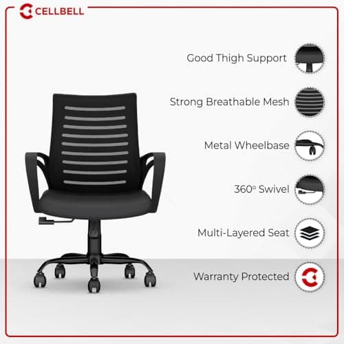 CELLBELL Desire C104 Mesh Mid Back Chair | Ergonomic Office, Study, Revolving, Computer Chair for Work from Home Heavy Duty Metal Base, Seat Height Adjustable (Black) 4