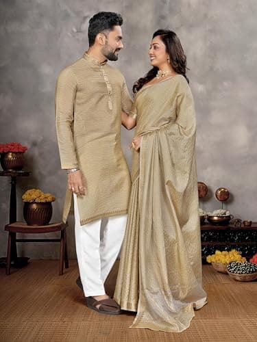 Couple Combo Saree and Kurta (Line Design) | Matching Set for Couples | (Free Size Sree) 3