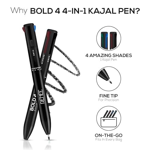 RENEE Bold 4-4-in-1 Kajal - Four Shades Black, Brown, Teal & Blue | Matte Finish | Rich Color Payoff | One-stroke Application | Travel Friendly | Easy to Use 3