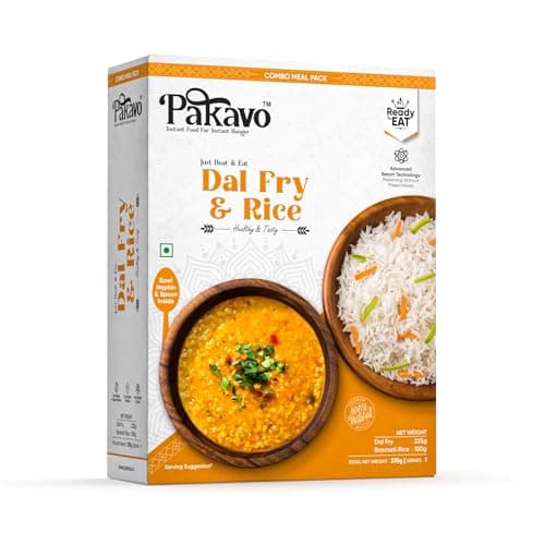 Pakavo Dal Fry & Rice Ready To Eat Combo Meal Pack with Microwaveable Bowl, Spoon & Napkin, Just Heat & Eat, 375g