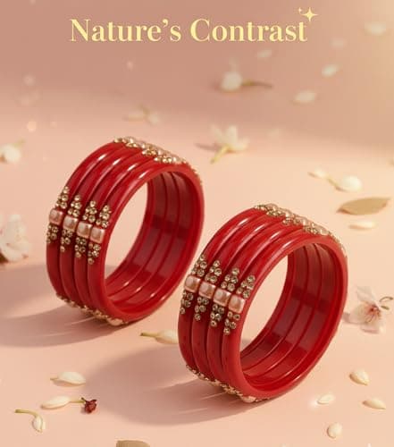 NMII Glass with Zircon Gemstone Or Beads Studded worked Glossy Finished Kada Set For Women and Girls, (Red_2.6 Inches), Pack Of 8 Kada Set 3