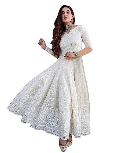 LookMark Women's White Embroidered Ethnic Gown, Ankle Length Flared Dress, 3/4 Sleeves, Traditional Indian Wear-K1113-XL