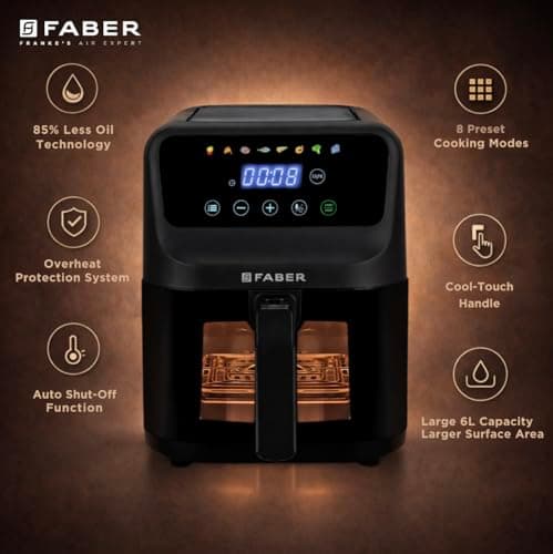 Faber 6L 1500W Digital Air Fryer | Fry, Bake, Roast | 85% Less Oil, 200°C Swirl Heating Technology |8-Preset Menu|View Window|Touch Control Interface| Auto Shut-Off |2 Yrs Comprehensive warranty|Black 5