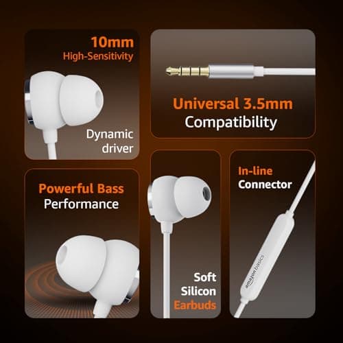 Amazon Basics Wired Earphones with 3.5mm Jack/Aux | in Ear Wired Earphones | Deep Bass, Tangle-Free Cable, Comfortable Fit | White 2