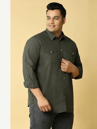 Thomas Scott Mens | Full Sleeve | Solid | Double Pockets | Regular Fit | Plus Size | 100% Cotton | Spread Collar | Casual | Shirts (Olive_5XL) 3