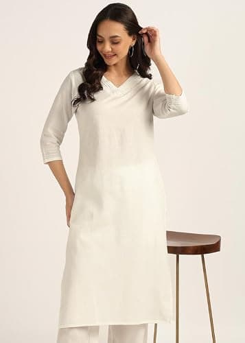 BLOCKS OF INDIA Women Cotton Solid Straight Kurta Set | Hand-Stitched Neck Details with Pintucks | Comfortable Pants with Pockets, Elastic Waist & Drawstring Fit(White XX-Large) 5
