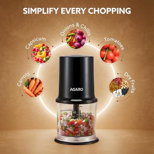 AGARO Electric Chopper, 400 Watts, Vegetable Chopper, Cutter, 100% Pure Copper Motor, Chop, Mince, Dice, Twin Stainless Steel Blade, 500 Ml, One Touch Operation, Elegant, Black. 3