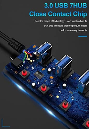 ADZOY Powered USB Hub 3.0, 7-Port USB Data Hub Splitter with One Smart Charging Port and Individual On/Off Switches and 5V/1A Power Adapter USB Extensionfor Laptop, PC, Computer, Mobile HDD 4