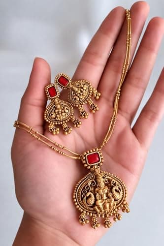 Visaga Aura Premium South Indian Lakshmi Temple Jewellery Necklace Set for Girls & Women –Lightweight Antique Gold Plated Goddess Lakshmi Pendant Necklace with Orange Stone, Traditional Ethnic Wedding 5