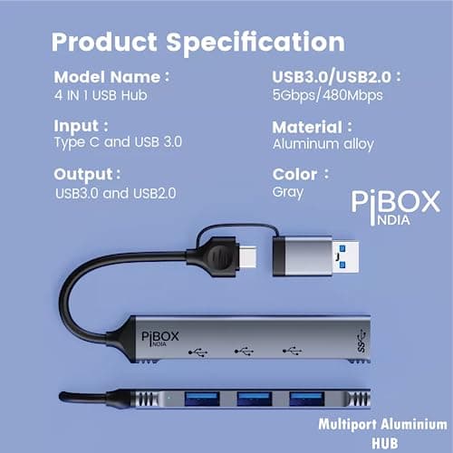 USB C Hub multiport, PiBOX India USB C and 3.0 to USB Adapter Multiport, USB C and USB 3.0 to USB A 4 Port Hub, USB-C to USB Hub 3.0, USB Hub 2.0, for MacBook Pro, USB Splitter Aluminum, Color Gray 5