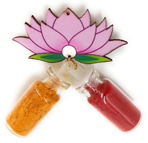 Sau Rang India Roli Haldi Gift, Pasupu Kumkum Gift Set in mini Glass Bottle | Thamboolam Return Gift for Wedding, Pooja, Diwali, Rakhi, Navratri, onam, pongal (Lotus Design mini 2ml Bottles), 20 pcs 5