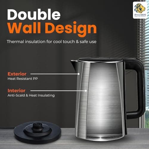PRO365 Premium Electric Kettle 1800 Watts | 1.5L Stainless Steel Inner Body | Cool Shield Body| Auto Shut-Off | Keep Warm Function | Anti-Rust | Dry Boil Protection | Power Saver 3