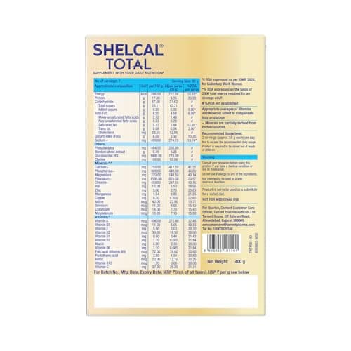 Shelcal Total - Powered by Protein, Multi-Vitamin, Multi-Mineral & Prebiotic supports Bone, Joint & Muscle, Immunity, Gut Health, No Added Sugar (Dark Chocolate) 400g - By Torrent Pharma, Powder 3