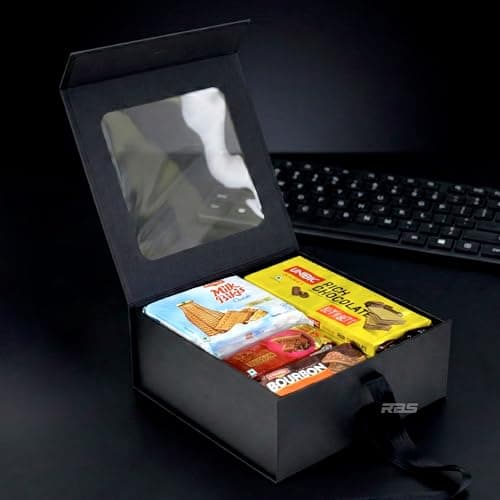 RBS®-MEDIUM Black Gift Box Empty (26 X 26 X 10 cm) Gift Box for Packaging (1 Pack) Box for Gift Packing Multipurpose Hampers Boxes Hold to 8 Kg Occasion Rigid Boxes for Packing (Black Box with Window) 3