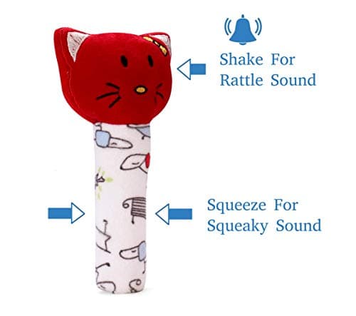Pikipo Kitty Face Rattle Soft Toy with Squeeze Handle for Squeaky Sound (Red) 3